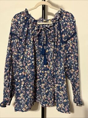 True Craft Floral Lace Boho Tassel Peasant Top Long Sleeve Cotton Navy Blue 3x